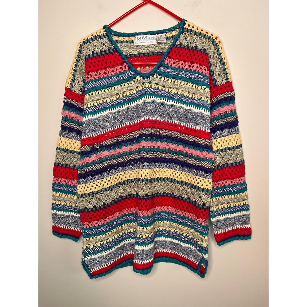 1990s Le Moda Beach Coastal Festival Open Knit Hippie Boho Rainbow Sweater M